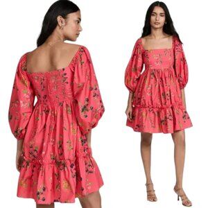 Cara Cara Sip Sip Botanical Allover Coral Puff Sleeve Smocked Dress